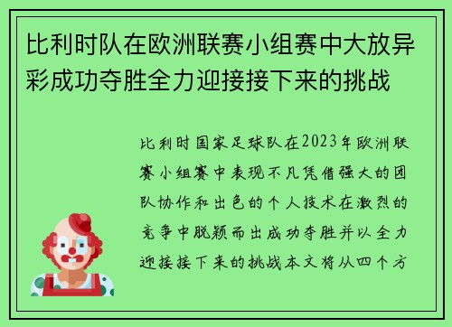 比利时队在欧洲联赛小组赛中大放异彩成功夺胜全力迎接接下来的挑战